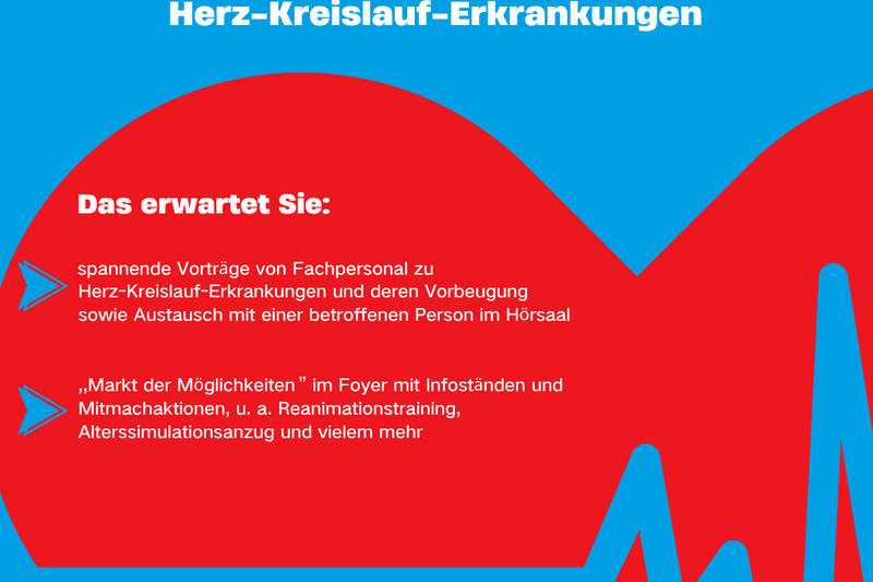 Ein rotes Herzsymbol steht im Mittelpunkt der Grafik. Darunter steht "Aktionstag Herz-Kreislauf-Erkrankungen". Der Text beschreibt, dass Vorträge, Austauschmöglichkeiten und ein Informationsmarkt mit Mitmachaktionen, wie Reanimationstraining, angeboten werden. Das Motto ist "Ihr Herz zählt!"
