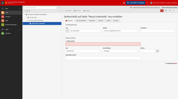 The image displays a computer screen interface for creating page content titled "Dringen notwendig." It includes sections for type, headlines, and subtitles, with fields for standard entries. A navigation menu on the left lists various sections and files related to the website's management.