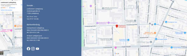 Die Abbildung zeigt eine Karte von Ludwigshafen mit wichtigen Kontaktinformationen des Landratsamts. Genannt werden Adresse, Telefon- und Faxnummer sowie Bankverbindungen. Außerdem sind auffällige Orte auf der Karte markiert, um die Navigation zu erleichtern.