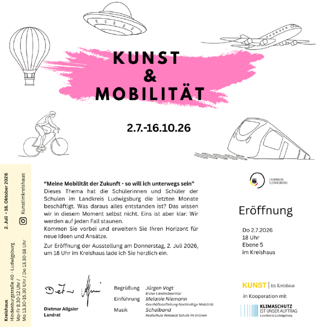 Die Grafik informiert über die Ausstellung "Kunst & Mobilität", die vom 2. Juli bis 16. Oktober 2026 im Kreishaus stattfindet. Das Thema behandelt die Zukunft der Mobilität. Eine Eröffnungsveranstaltung findet am 2. Juli 2026 um 18 Uhr statt.