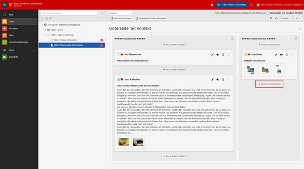 Ein Bildschirm zeigt eine Benutzeroberfläche mit verschiedenen Menüpunkten auf der linken Seite. In der Mitte befindet sich ein Textfeld mit dem Titel "Unterseite mit Kontext". Rechts sind Bilder und Optionen, darunter ein hervorgehobener Button mit der Aufschrift "Neue Bilder hinzufügen".