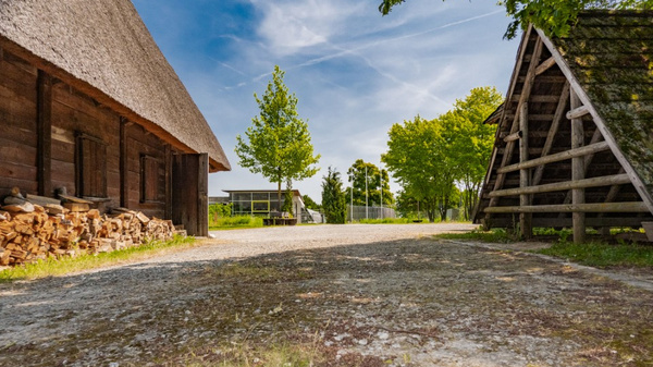 Eine ländliche Szenerie zeigt einen Schotterweg, der zwischen zwei traditionellen Gebäuden verläuft. Auf der linken Seite steht ein gut erhaltener Holzbau mit Reetdach, während rechts ein kleinerer, offener Holzunterstand zu sehen ist. Im Hintergrund sind grüne Bäume und ein heller Himmel zu erkennen.