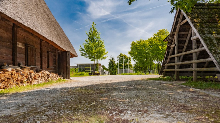 Eine ländliche Szenerie zeigt einen Schotterweg, der zwischen zwei traditionellen Gebäuden verläuft. Auf der linken Seite steht ein gut erhaltener Holzbau mit Reetdach, während rechts ein kleinerer, offener Holzunterstand zu sehen ist. Im Hintergrund sind grüne Bäume und ein heller Himmel zu erkennen.