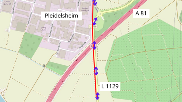 Karte zur Sperrung des Radwegs entlang der L1129. Die Sperrung betrifft den Zeitraum vom 2. bis 3. März 2022. Die Umleitung erfolgt über die Fahrbahn. Hinweise zeigen den gesperrten Bereich und den Verlauf der Umleitung.