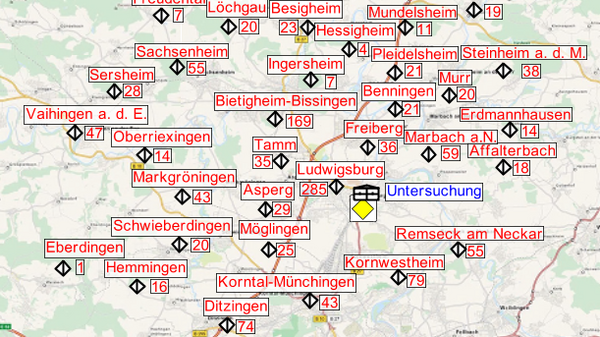 Map highlighting various locations, marked with red labels, in and around the city of Lichtenburg. The background features a light green terrain, indicating geographical details. Notable places include nearby towns and landmarks for navigation.