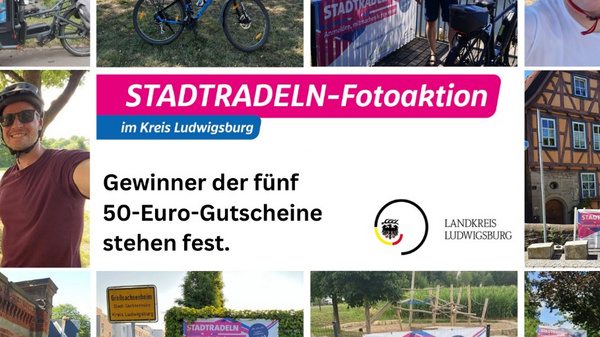 Collage de photos de participants au concours "STADTRADELN" à Ludwigsbourg. Les images montrent des cyclistes devant des panneaux d'affichage, annonçant les gagnants de cinq bons de 50 euros. L'événement encourage l'utilisation du vélo et promeut la mobilité durable.