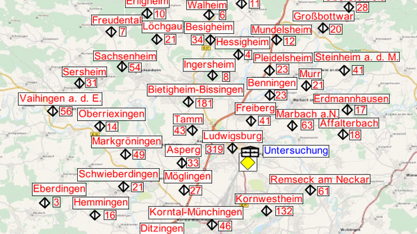 A detailed map highlighting various locations within a central area. Labels identify towns and regions in German, with icons indicating specific points of interest. The map features a light green background with roads marked for navigation.