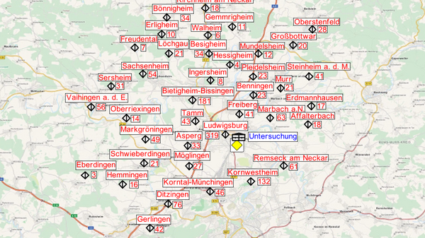 A detailed map shows various locations in and around Ludwigsburg, Germany. Key landmarks and towns are labeled in red, indicating their names. A prominent symbol marks a specific point of interest, possibly a notable site or facility, enhancing navigation within the region.
