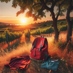 Ein roter Rucksack steht auf grünem Gras, umgeben von Weinreben. Neben dem Rucksack liegen ein rotes T-Shirt und ein dunkelblaues Hemd. Im Hintergrund ist ein Sonnenuntergang zu sehen, der die Landschaft in warmen Farben beleuchtet.