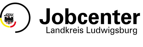 Logo des Jobcenters Landkreis Ludwigsburg. Der Text besteht aus dem Wort "Jobcenter" und dem Untertitel "Landkreis Ludwigsburg". Es enthält auch ein stilisiertes Wappen.