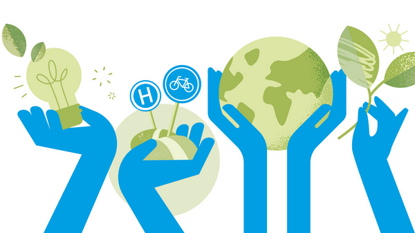 Fünf Hände in blauer Farbe halten verschiedene Symbole für Nachhaltigkeit: eine Glühbirne, ein Globus, ein Fahrrad-Symbol und ein Blatt. Die Darstellung vermittelt Engagement für umweltfreundliche Ideen und einen nachhaltigen Lebensstil.