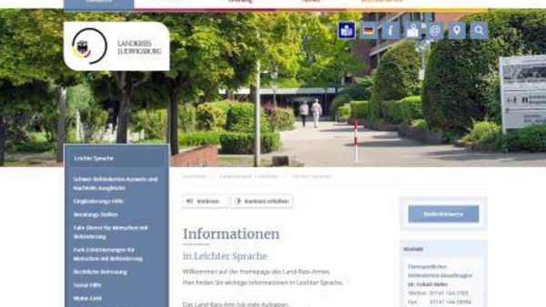 A pathway leads through a well-maintained landscape with greenery and trees, indicating an entrance to a building related to local government information. The text mentions accessibility and provides information in plain language.