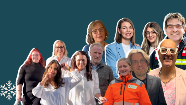 Das Bild zeigt mehrere Menschen, die für den Adventskalender 2024 des Landkreises Ludwigsburg stehen. Sie posieren in unterschiedlichen Outfits und Ausdrücken. Oben steht der Text „#LRAStories Adventskalender 2024“. Im Hintergrund sind stilisierte Schneeflocken zu sehen.