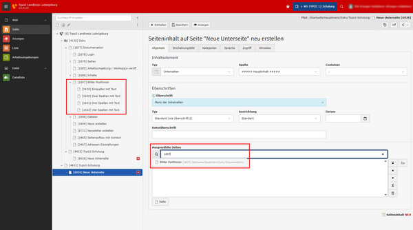 Capture d'écran d'une interface de gestion de contenu. À gauche, un menu affiche différentes sections, incluant "Général" et "Éléments de page". À droite, un champ de texte montre un lien avec un titre et une description, suggérant une structure de navigation.