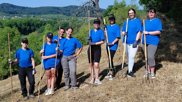 Eine Gruppe von acht Personen in blauen T-Shirts steht auf einem Hang, umgeben von Bäumen und Hügeln. Sie halten verschiedene Gartenwerkzeuge, darunter Rechen und Schaufeln. Die Stimmung ist freundlich und gemeinschaftlich. (Text KI generiert)