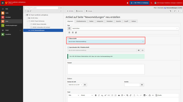 The image displays a user interface for creating a news article. Key sections include "Type," "Headline," and "Teaser," along with fields for date and time. The interface is designed for content management, indicating a focus on updating news related to an exhibition.