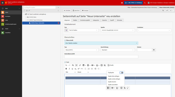 Das Bild zeigt eine Benutzeroberfläche zur Erstellung einer neuen Unterseite. Es sind Felder für Titel, Typ und Beschreibung sichtbar. Ein Texteditor mit verschiedenen Formatierungswerkzeugen ist ebenfalls zu sehen, um den Inhalt zu gestalten.