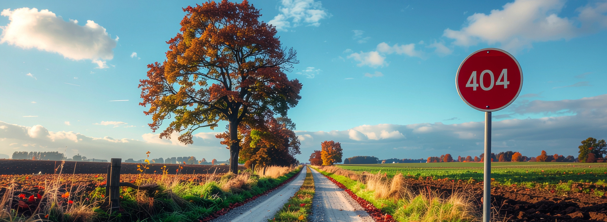Header Bild: Ein unbefestigter Weg führt durch eine Landschaft mit einem großen Baum auf der linken Seite. Am Straßenrand steht ein rotes Schild mit der Nummer 404. Der Himmel ist blau mit einigen Wolken, und die Umgebung ist herbstlich mit buntem Laub.