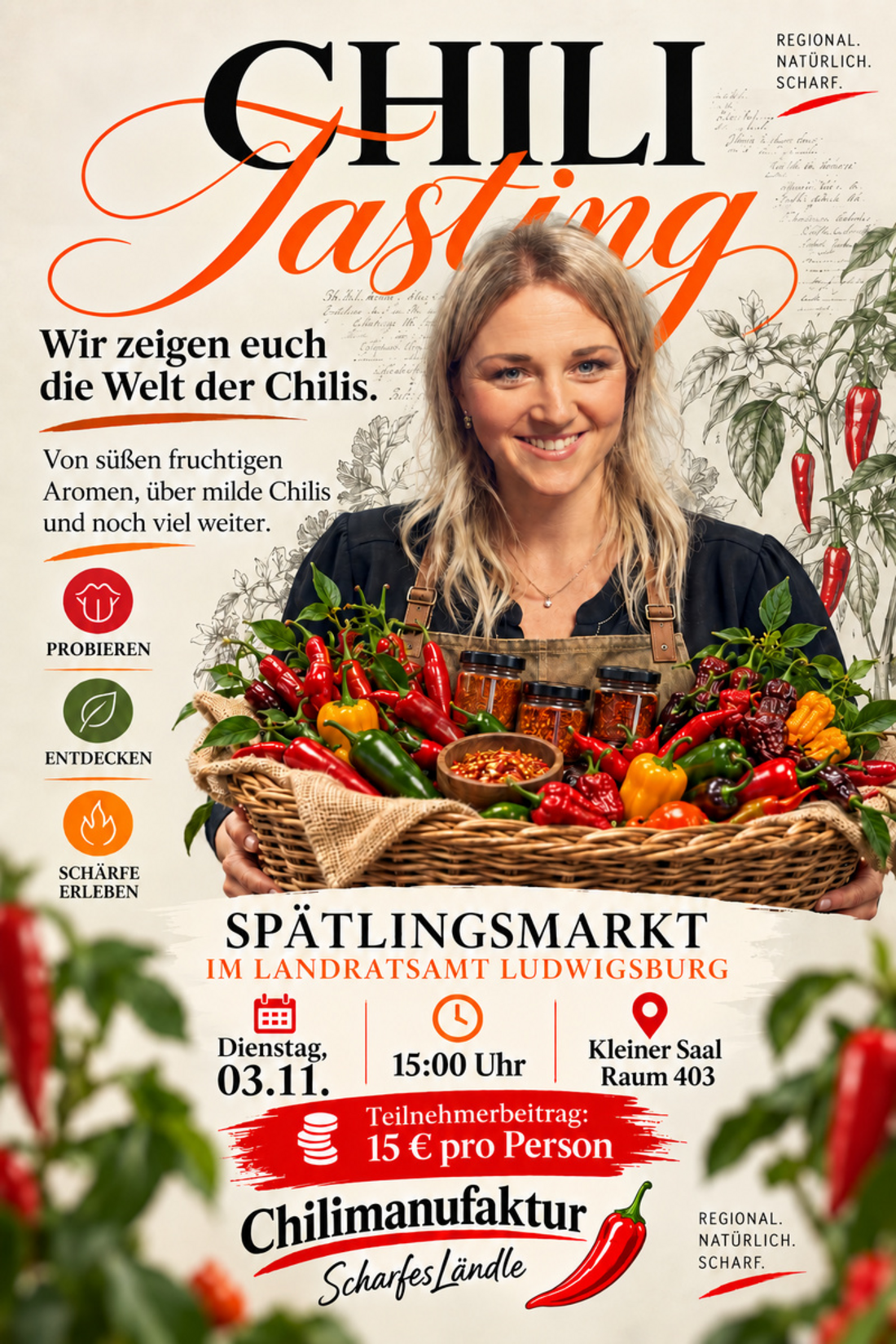 Ein Werbeplakat für eine Chili-Verkostung. Es zeigt verschiedene rote und grüne Chilischoten, eine Beschreibung des Events, das Datum und die Uhrzeit. Hinweise zum Probieren, Entdecken und Erleben von Schärfe sind enthalten. Die Teilnehmergebühr beträgt 15 Euro pro Person. (Text KI generiert)