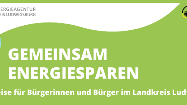 Gemeinsam Energiesparen: Hinweise für Bürgerinnen und Bürger im Landkreis Ludwigsburg. Eine grüne Hintergrundfarbe und eine Glühbirne symbolisieren Energieeffizienz.