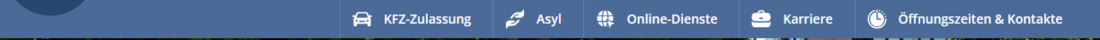 Das Bild zeigt eine Navigationsleiste mit verschiedenen Links zu Dienstleistungen wie KFZ-Zulassung, Asyl, Online-Dienste, Karriere und Kontaktinformationen. Die Symbole neben den Links unterstützen die visuelle Orientierung.