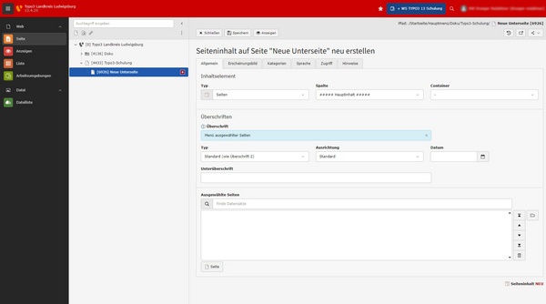 Interface d'un logiciel de gestion de contenu montrant la création d'une nouvelle page intitulée "Dringen notwendig". Des sections pour le type de contenu et les sous-titres sont visibles, ainsi que des options pour ajouter des liens et des descriptions.
