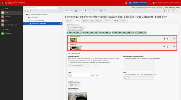Screenshot einer Benutzeroberfläche des Typo3-Content-Management-Systems, der das Bearbeiten von Seiteninhalten zeigt. Auf der linken Seite sind Navigationsoptionen sichtbar, während im Hauptbereich Felder für Bildmetadaten, alternativen Text und Beschreibungen angezeigt werden.