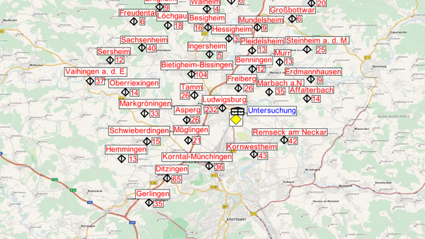 Map of a central area in Germany, highlighting various locations such as towns and cities, marked with labels in red. The central point is identified as "Uttingen." Navigation icons are present, indicating zoom and direction features.