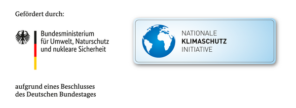 Image shows a logo of the German Federal Ministry for the Environment, Nature Conservation, and Nuclear Safety, alongside a blue badge representing the National Climate Protection Initiative. Text indicates funding granted based on a resolution by the German Bundestag.
