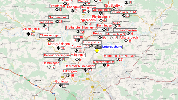 A map showing various locations marked with red labels, primarily in a central area. The labels indicate names of towns and cities, with a focus on the area around Unterhaching. Navigation symbols are present in the corner for zooming in and out.