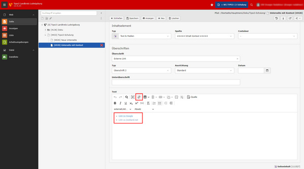 Der Screenshot zeigt eine Benutzeroberfläche mit einer Navigation auf der linken Seite und einem Textbearbeitungsfeld auf der rechten Seite. Es gibt Eingabefelder für Überschrift und Untertitel sowie Optionen zur Formatierung des Textes. Links zur Google-Suche sind ebenfalls sichtbar.