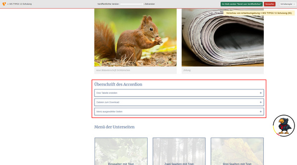Ein Eichhörnchen sitzt auf einem Ast. Im Hintergrund sind unscharfe Blätter zu sehen. Unter dem Bild befindet sich ein Abschnitt mit Überschrift und mehreren herunterklappbaren Optionen.