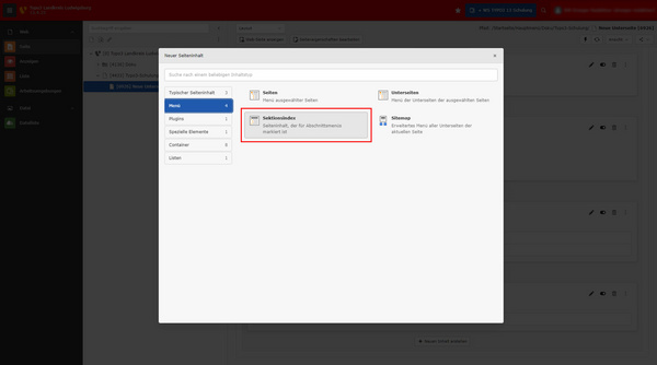 Une interface d'application affichant un panneau de gestion de contenu. Le titre principal est "Nouveau contenu" en allemand, avec des options pour gérer des éléments de pages et un index de section surligné en vert. Des catégories sont listées à gauche.