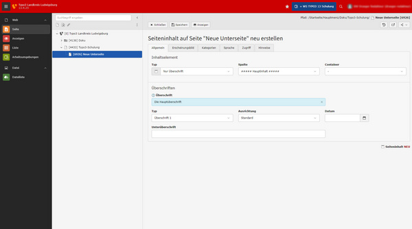 A website interface displaying a content management page for creating a new section titled "Dringen notwendig." The form includes fields for type, title, description, link, and subtitle. Navigation menus are visible on the left side of the screen.