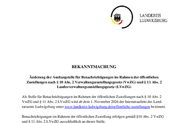 Bekanntmachung über die Änderung der Aushangstelle für Benachrichtigungen im Rahmen der öffentlichen Zustellungen
