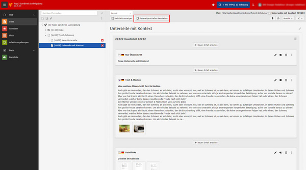 Das Bild zeigt eine Benutzeroberfläche mit einem Navigationsbereich links und einem Hauptbereich, der die Option "Untersütze mit Kontext" enthält. Es sind keine spezifischen Inhalte sichtbar, außer den Schaltflächen zur Erstellung neuer Einträge.