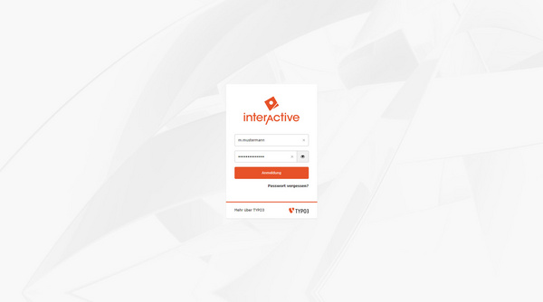 Login screen for TYPO3 with fields for username and password, and a button labeled 'Anmelden' (Login). A red dashed box contains a note for editors stating not to work in the project yet, and to adjust settings before starting.