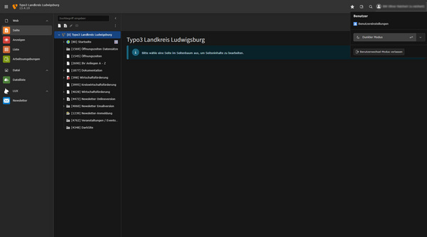 Das Bild zeigt die Benutzeroberfläche von Typo3 für den Landkreis Ludwigsburg. Auf der linken Seite sind verschiedene Menüoptionen aufgelistet, während im oberen Bereich die aktuelle Seite und eine Schaltfläche zur Medienverwaltung angezeigt werden. Der Hintergrund ist dunkel gestaltet.