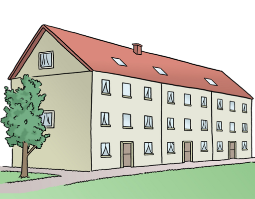 Eine zeichnerische Darstellung eines mehrstöckigen Wohngebäudes mit einem roten Dach und Fenster. Auf der linken Seite wächst ein Baum. Der Zugang zum Gebäude erfolgt über eine kleine Zufahrt, die von einem Gehweg gesäumt wird.