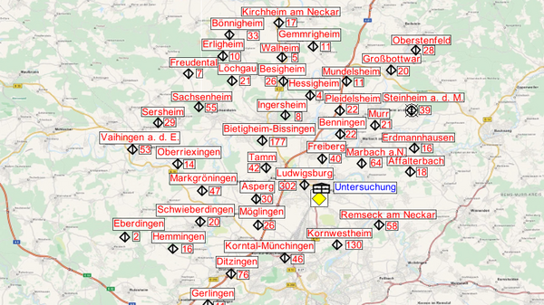 A map displaying the region around Lützelhausen, marked with various locations identified by red labels. The map includes a zoom feature indicated by arrows, allowing users to explore different areas within the vicinity.