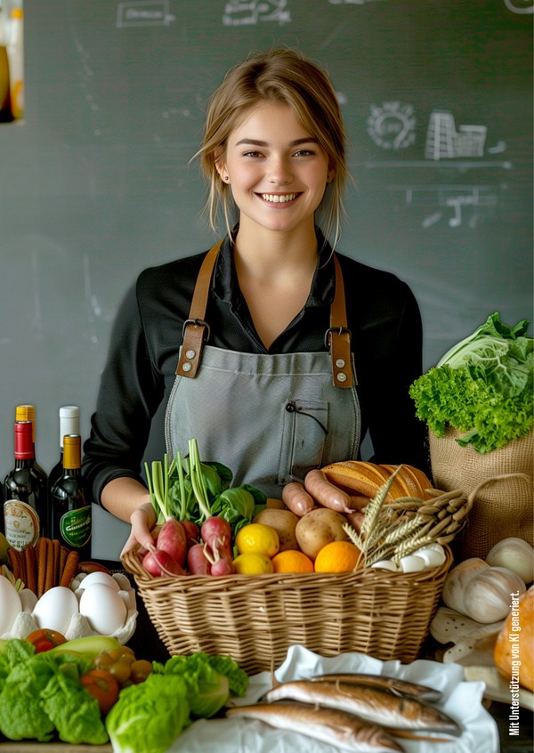 Eine junge Frau in einem schwarzen Hemd und Schürze lächelt, während sie einen Korb mit frischem Gemüse und Eiern hält. Um sie herum sind weitere Lebensmittel wie Salat, Kartoffeln und Öle auf einem Tisch angeordnet. Der Hintergrund ist schlicht und modern.