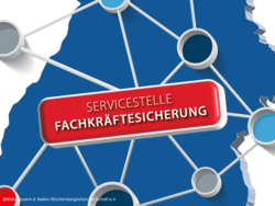 Eine stilisierte Karte von Deutschland zeigt verschiedene Punkte, die miteinander verbunden sind. In der Mitte steht in großen, roten Buchstaben „SERVICESTELLE FACHKRÄFTESICHERUNG“. Die Grafik symbolisiert Netzwerk und Unterstützung für Fachkräftesicherung in Baden-Württemberg.