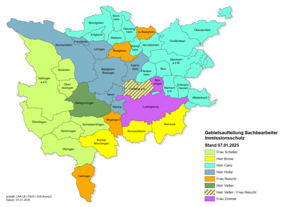 Gebietsaufteilung Geschäftsteil Immissionsschutz Auf der Landkarte des Landkreises Ludwigsburg sind die Ansprechpartner beim Landratsamt Ludwigsburg, Geschäftsteil Immissionsschutz nach Gemeinden farblich gekennzeichnet.