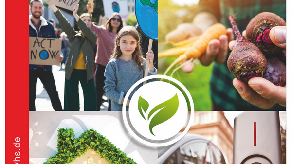 The image is a program cover for Schiller Volkshochschule, emphasizing sustainability. It features elements like a green house icon, diverse individuals participating in environmental activism, and hands holding vegetables, highlighting community engagement and eco-friendly themes. The text mentions the program's duration from January to September 2021.