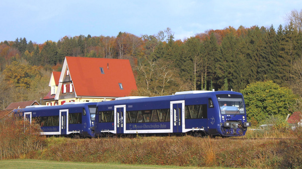Ein blauer Zug der Deutschen Bahn fährt durch eine ländliche Gegend mit Büschen und Bäumen im Hintergrund. Links ist ein Wohnhaus mit rotem Dach und weißen Fenstern zu sehen. Die Herbstlandschaft zeigt bunte Blätter an den Bäumen. (Text KI generiert)