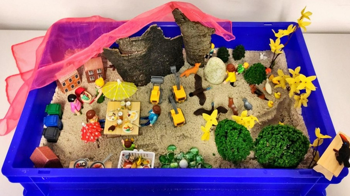 Eine kreative Spielszene in einer blauen Box mit Sand. Figuren sitzen an einem Tisch unter einem Sonnenschirm, während andere spielen oder arbeiten. Es gibt Bäume, Blumen, und Spielzeugfahrzeuge. Ein pinker Stoff hängt als dekoratives Element über der Szene.