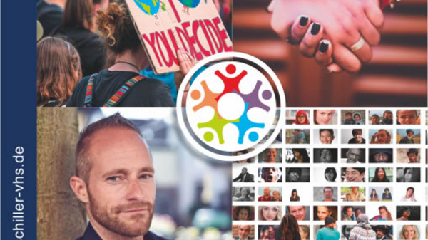 Das Bild zeigt das Programmheft der Schiller-Volkshochschule für den Zeitraum August 2022 bis Februar 2023. Es konzentriert sich auf das Thema „Zusammen in Vielfalt“ und enthält Fotos von Veranstaltungen, Menschen und kreativen Projekten sowie einen Portrait von Balian Buschbaum.