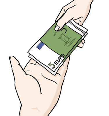 Eine Hand übergibt einem anderen eine Geldnote von fünf Euro. Die Geste zeigt einen Austausch oder eine Transaktion zwischen zwei Personen.