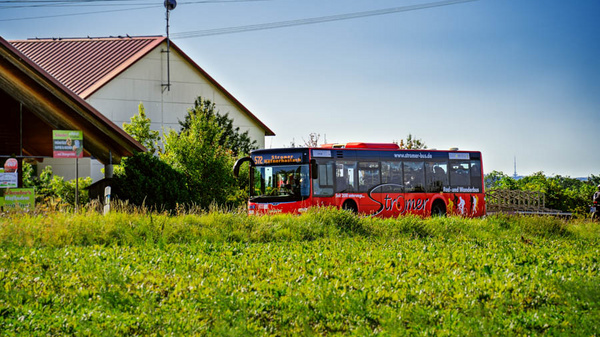 Ein roter Bus fährt auf einer ländlichen Straße vorbei. Im Hintergrund sind Wiesen und ein Wohngebäude zu sehen. Die Szenerie ist hell und klar, mit einer angenehmen, grünen Umgebung.