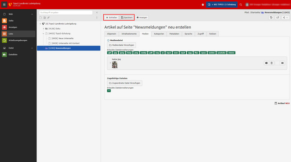 The image shows a website interface for editing news articles. It includes sections for general information, categories, metadata, and attached files, with buttons for saving and publishing changes. The layout features a dark sidebar with navigation options and a light main content area for editing.